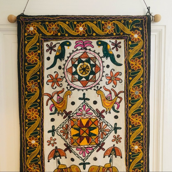 Vintage Indian Embroidered Handmade Elephant and Rooster Boho Wall Hanging - Picture 2 of 7